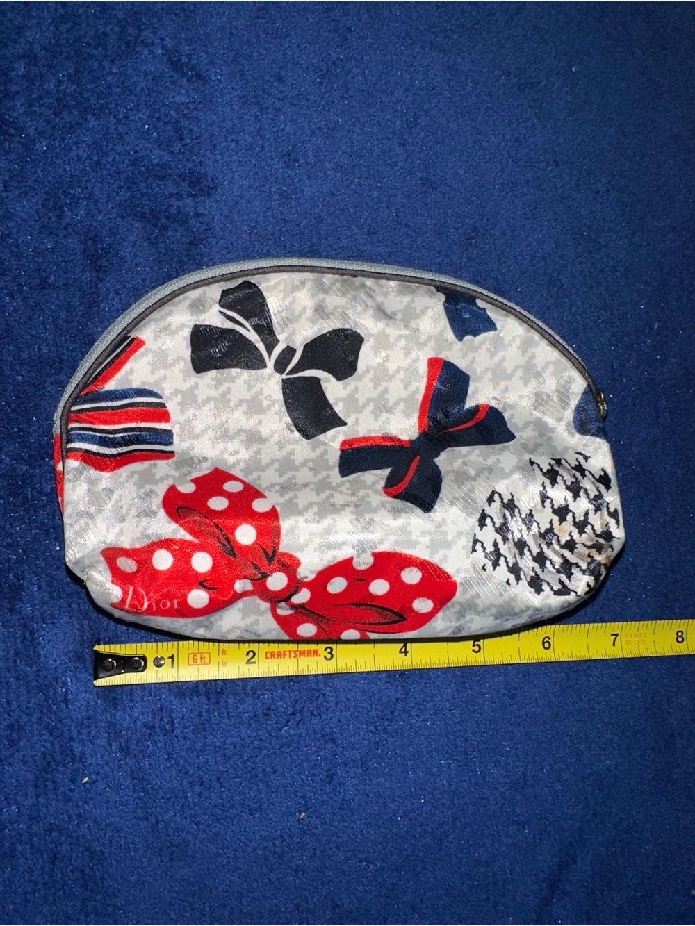 Christian Dior Vintage Houndstooth Bows Red Blue Cosmetic Pouch USA 90s Makeup - Picture 11 of 12